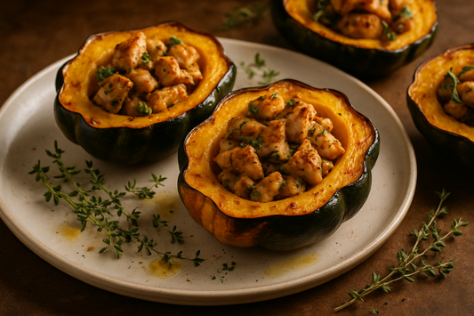 🍁 Cozy Maple Garlic Chicken-Stuffed Acorn Squash