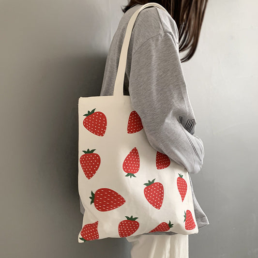 Large Capacity Strawberry Print Canvas Bag